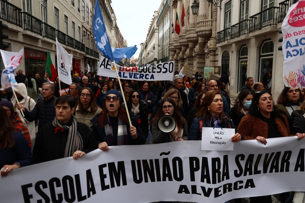 School teachers demonstrate for better salaries and working conditions in Lisbon, Portugal, February 11, 2023. — Reuters pic