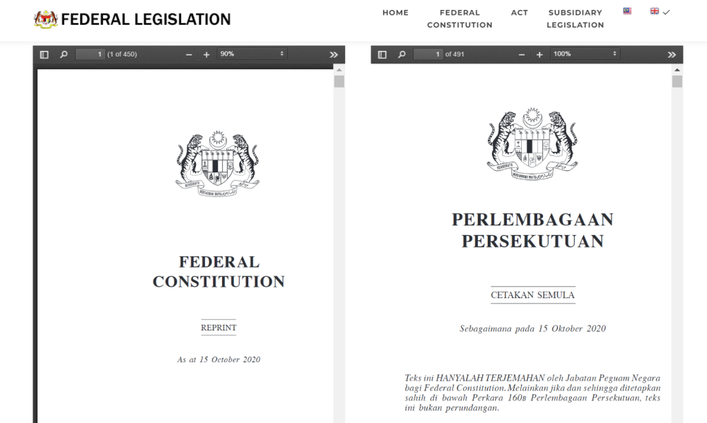 A screen capture shows the Federal Constitution in both English and Malay displayed on the website of the Attorney General’s Chambers.