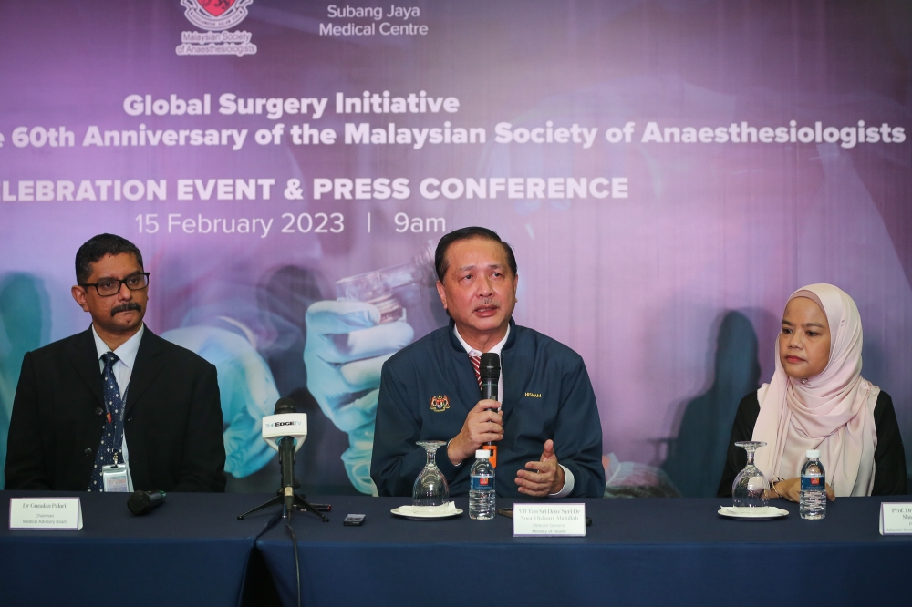 Health director-general Tan Sri Dr Noor Hisham Abdullah (centre) speaks during a news conference at the launch of the Global Surgery Initiative at the Subang Jaya Medical Centre February 15, 2023. — Picture by Yusof Mat Isa