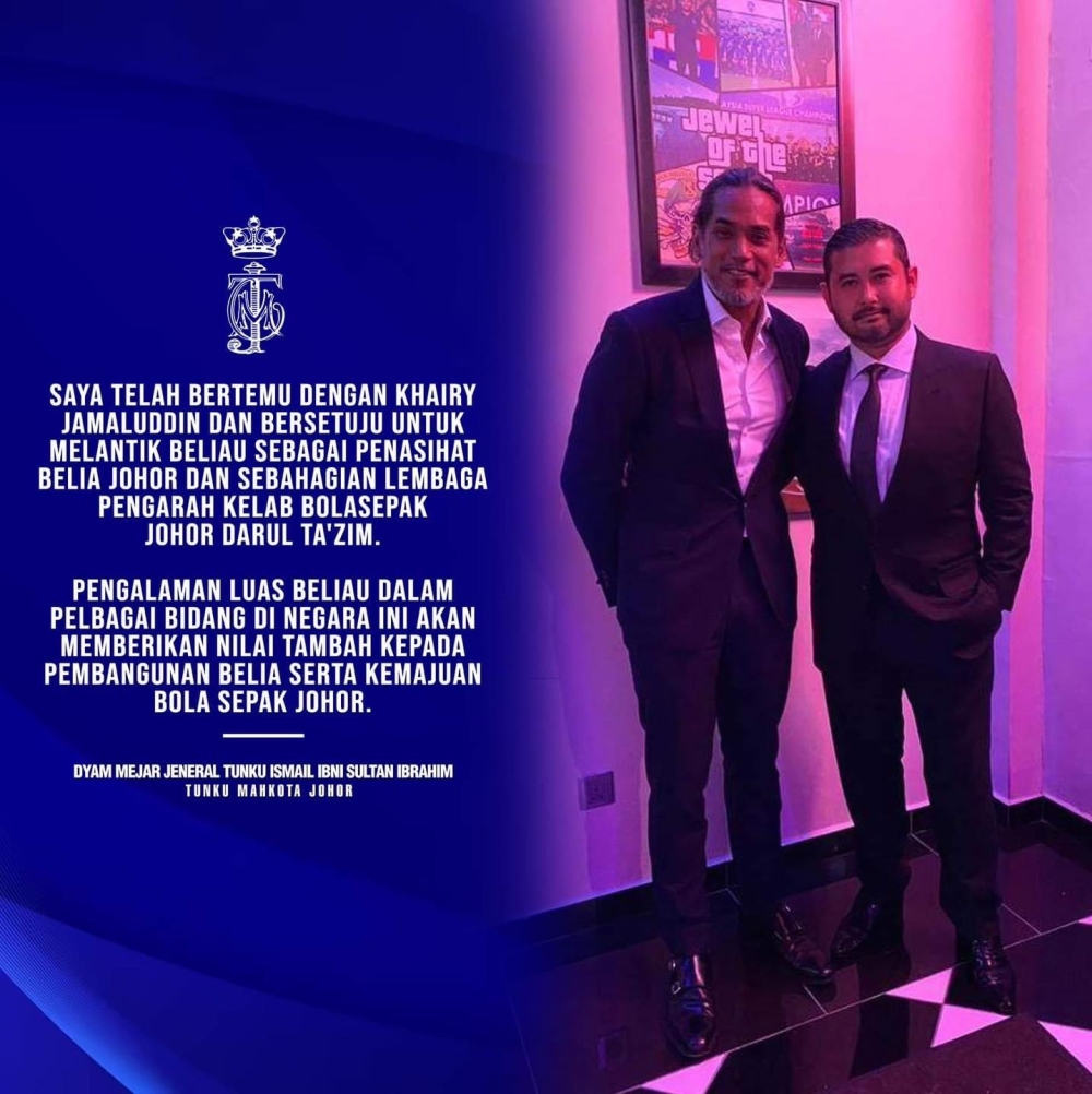 Khairy Jamaluddin is appointed as the Johor’s youth adviser and also into the Johor Darul Ta'zim (JDT) Football Club’s board of directors. 