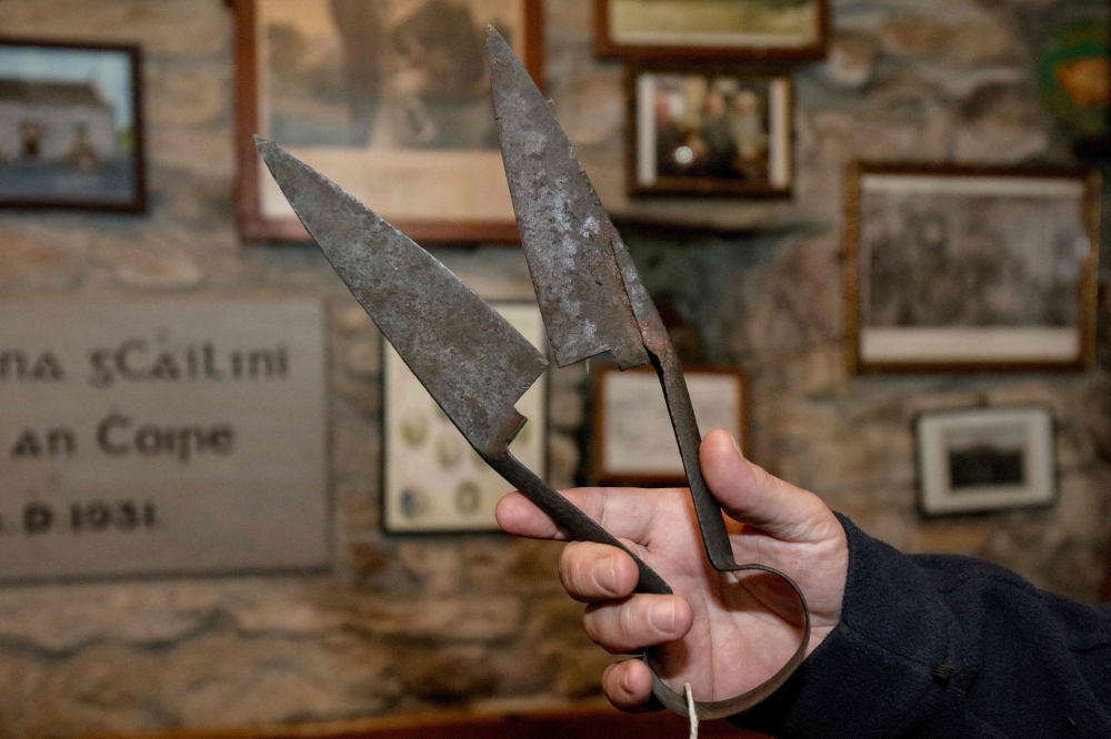 Owner of the Lynotts pub Mick Lynch, poses with the sheep shears used in the film 