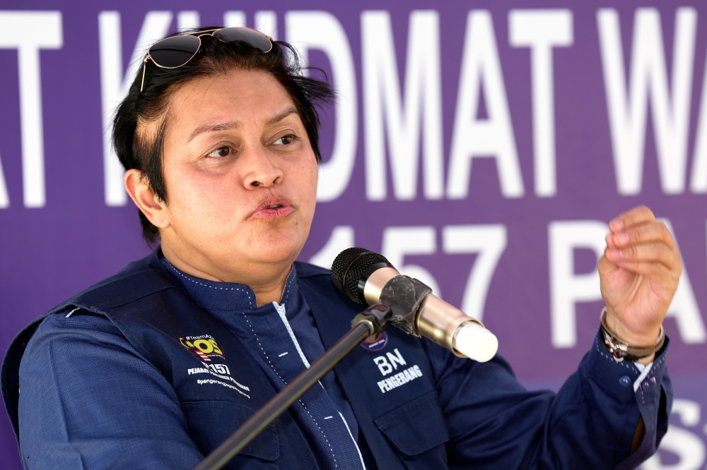 File picture shows Law and Institutional Reforms Minister Datuk Seri Azalina Othman Said speaking at the inauguration of the new Pengerang Parliament P.157 Representative Service Centre in Bandar Penawar, Kota Tinggi, January 7, 2023. — Bernama pic