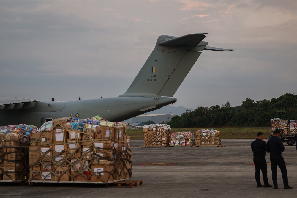 Some of the donated items will be put on the plane for the earthquake humanitarian aid to Syria at the Royal Malaysian Air Force (RMAF) Subang Air Base February 18, 2023. — Bernama pic