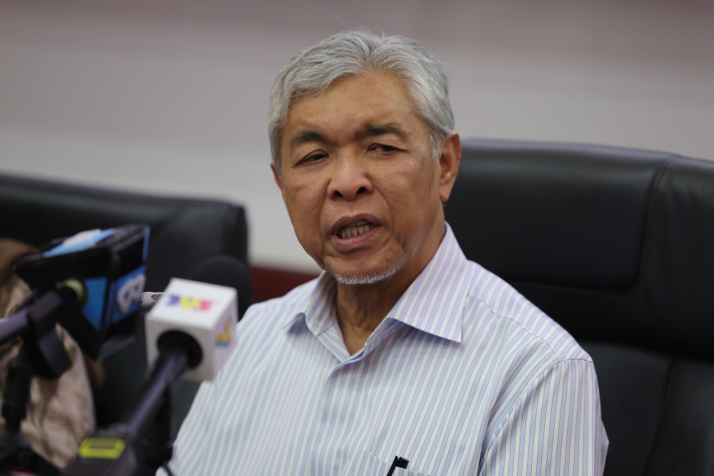 Deputy Prime Minister Datuk Seri Dr Ahmad Zahid Hamidi at a press conference after a discussion session during a visit to Universiti Pendidikan Sultan Idris Shah, in Tanjung Malim, February 19, 2023. — Bernama pic