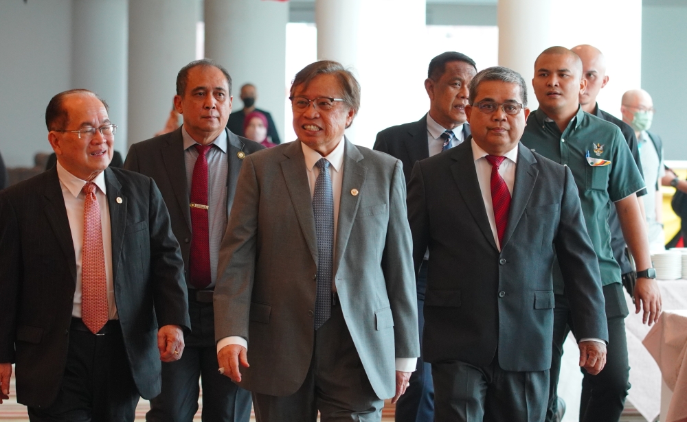 Sarawak Premier Tan Sri Abang Johari Openg (centre) arriving for the Malaysian Interfaith Harmony Forum 2023, February 20, 2023. — Picture courtesy of Sarawak Information Dept
