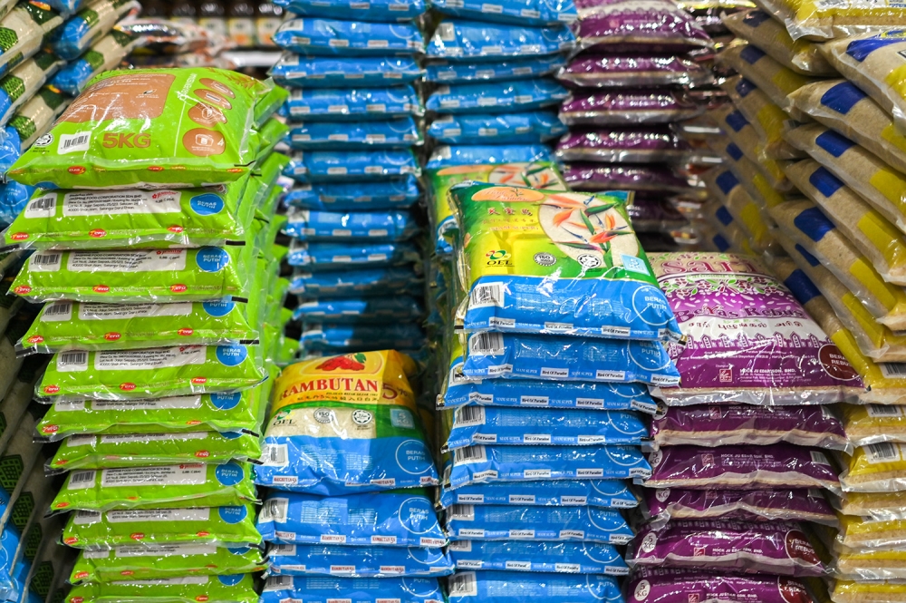 Bags of rice are seen at Mydin February 2, 2023. — Picture by Miera Zulyana