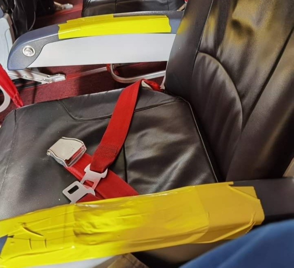 A shortage of spare parts caused AirAsia X to paste vinyl tape on the arm-rests of several seats in its planes, said its head of engineering Alvin Tan. — Borneo Post pic