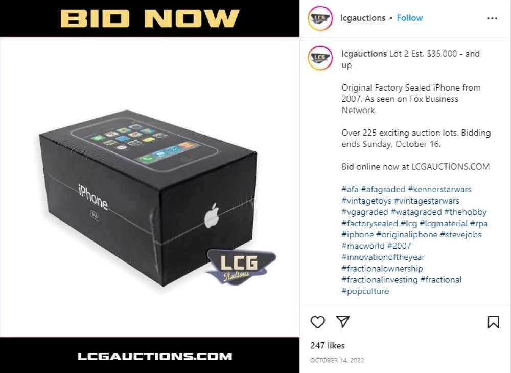 A first-generation iPhone, still unopened and plastic wrapped in the box, was auctioned for more than US$63,000 (RM280,000). — Screen capture via Instagram/LCG Auctions