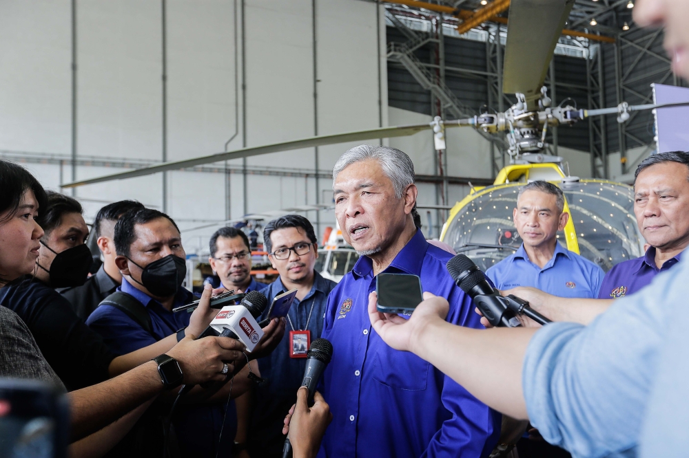 Deputy Prime Minister Datuk Seri Ahmad Zahid Hamidi speaks to the press after the MoU signing ceremony between TVET Institution and industrial colleague at UniKL Malaysian Institute of Aviation Technology, Subang February 23, 2023. — Picture by Sayuti Zainudin