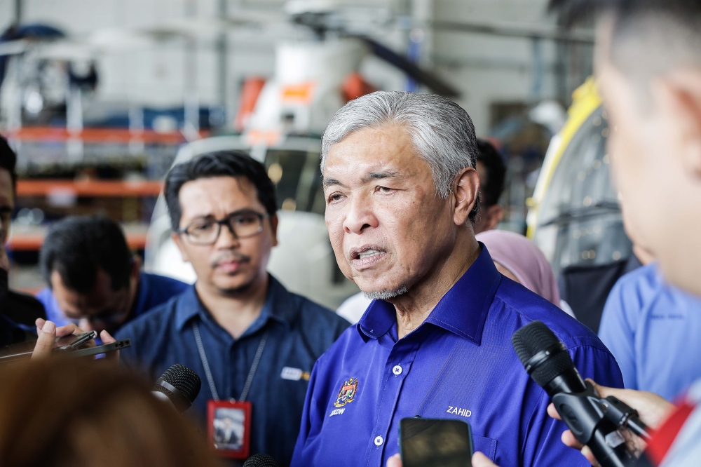 Deputy Prime Minister Datuk Seri Ahmad Zahid Hamidi speaks to the press after the MoU signing ceremony between TVET Institution and industrial colleague at UniKL Malaysian Institute of Aviation Technology, Subang February 23, 2023. — Picture by Sayuti Zainudin