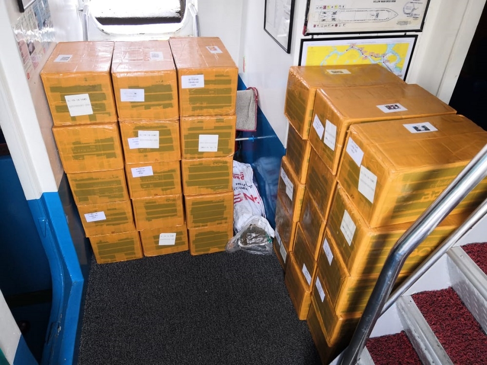 Seized boxes containing undeclared electronic cigarettes are seen at the Batu Pahat Malaysian Maritime Enforcement Agency office in Batu Pahat Feb 24, 2023. —  Picture courtesy of the Batu Pahat Malaysian Maritime Enforcement Agency 