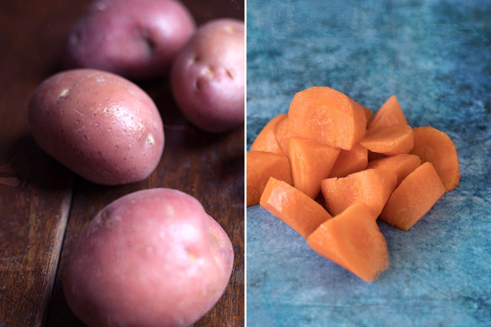 The body of the stew comes from potatoes (left) and carrots (right).
