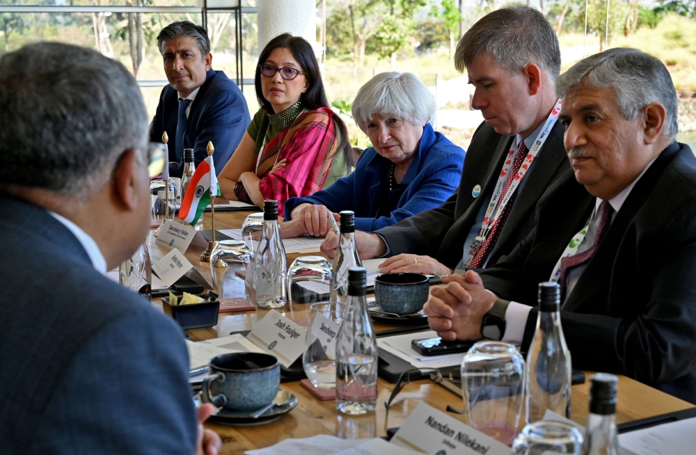 US Treasury Secretary Janet Yellen looks on as she holds a roundtable with India’s technology leaders on the side-lines of G20 finance ministers’ meeting on the outskirts of Bengaluru, India, February 25, 2023. — Reuters pic