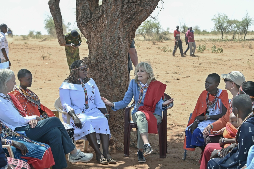 US First Lady Jill Biden (centre) interacts with women from the Maasai community at Loseti village in Kajiado county, Kenya, February 26, 2023. — AFP pic