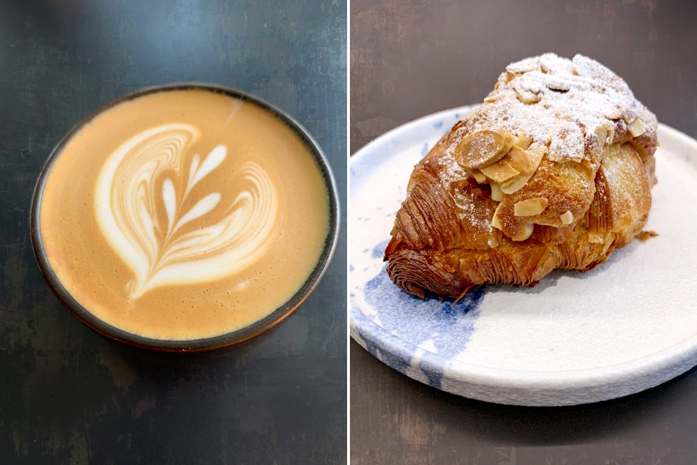 Flat white (left) and maple wood smoked almond croissant (right).