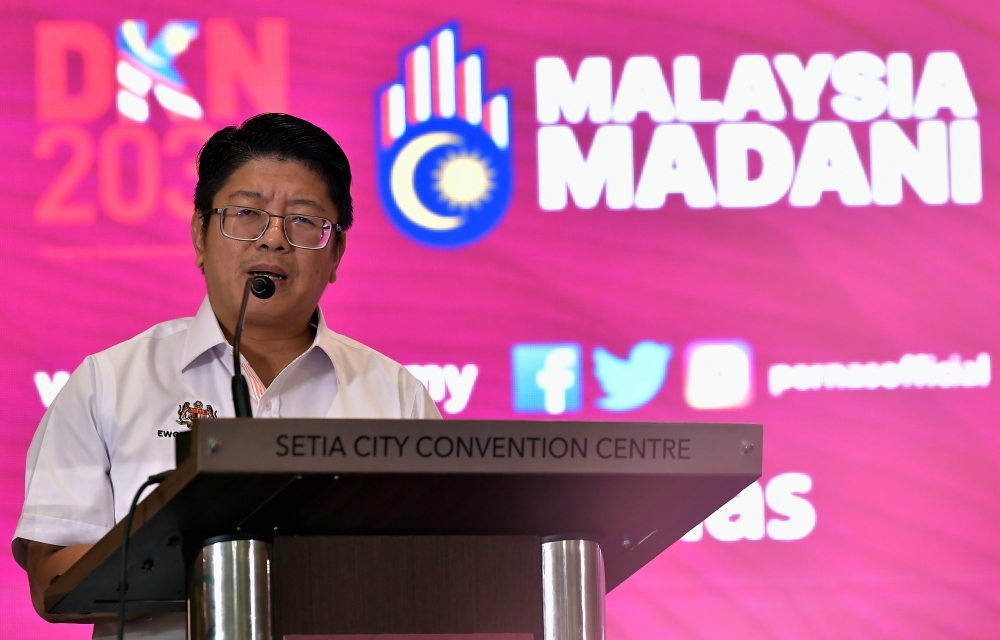 Entrepreneur and Cooperatives Development Minister Datuk Ewon Benedick delivers a speech during the launch of the Business in Transformation Expo 2023 (BITe) at the Setia City Convention Centre, Setia Alam in Shah Alam March 4, 2023. — Bernama pic