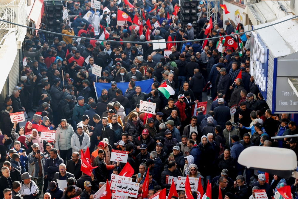 Supporters of the Tunisian General Labour Union (UGTT) protest against President Kais Saied, accusing him of trying to stifle basic freedoms, including union rights, in Tunis, Tunisia March 4, 2023. — Reuters pic