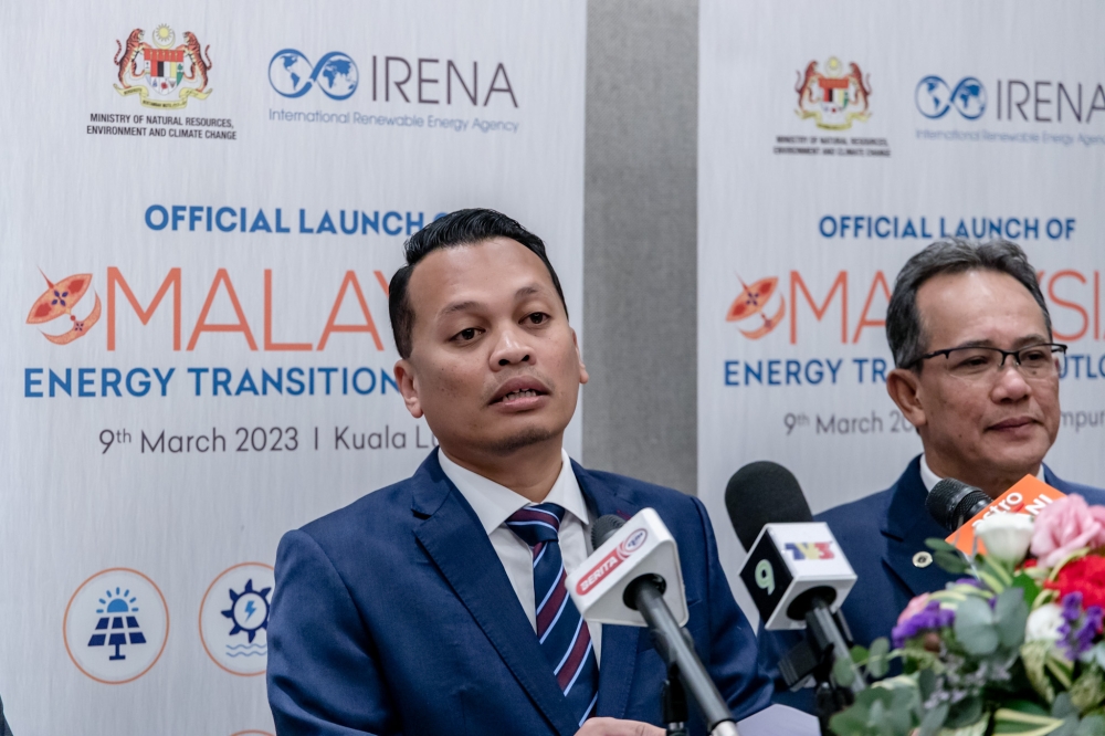 Natural Resources, Environment and Climate Change Minister Nik Nazmi Nik Ahmad speaks at the launch of the Malaysia Energy Transition Outlook report at M Resort and Hotel in Kuala Lumpur March 9, 2023. — Picture by Firdaus Latif