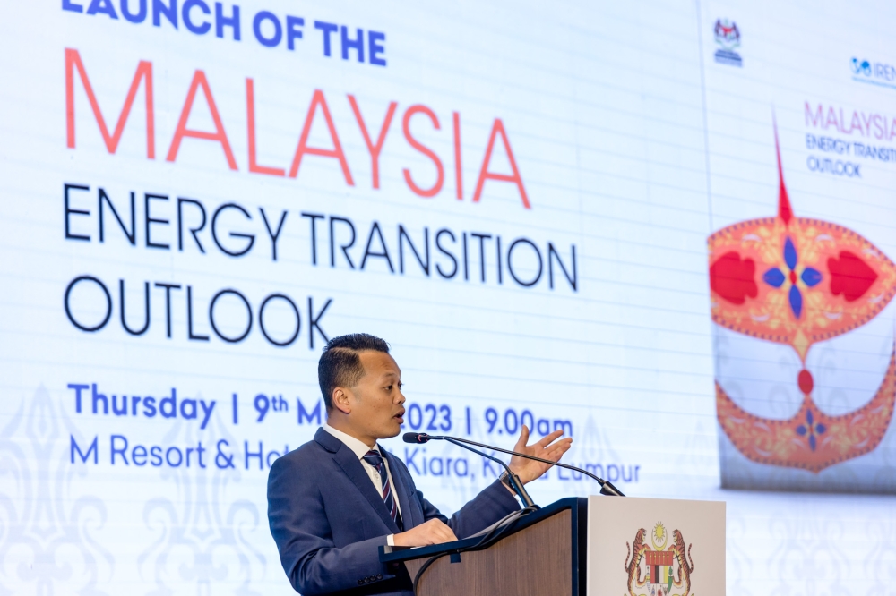 Natural Resources, Environment and Climate Change Minister Nik Nazmi Nik Ahmad speaks at the launch of the Malaysia Energy Transition Outlook report at M Resort and Hotel in Kuala Lumpur March 9, 2023. — Picture by Firdaus Latif