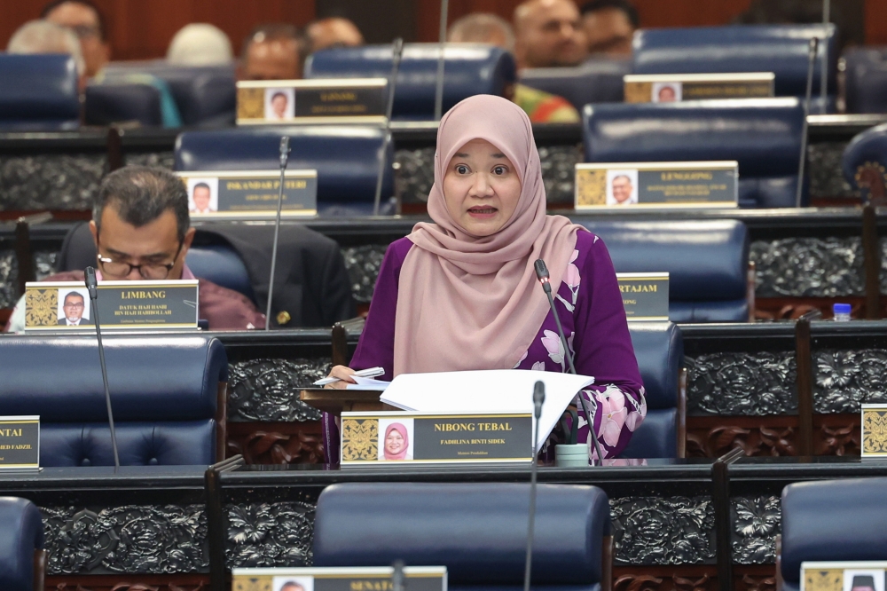 Education Minister Fadhlina Sidek speaks during a Parliament sitting in Kuala Lumpur March 9, 2023. — Bernama pic