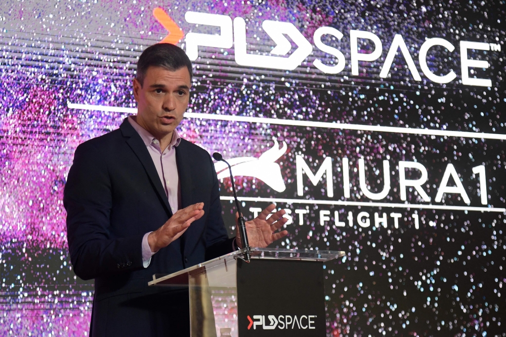 Spanish Prime Minister Pedro Sanchez speaks during the presentation of Spanish aerospace company PLD Space’s ‘Miura-1’ suborbital rocket, the first European private rocket to be launched into space, in Huelva, southern Spain, on March 11, 2023. — AFP pic