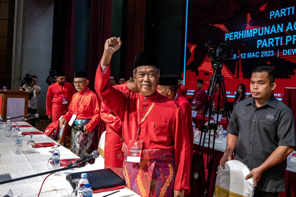 Bersatu President Tan Sri Muhyiddin Yassin at Bersatu's annual grand meeting (AGM) at Menara PGRM in Kuala Lumpur March 12, 2023. — Picture by Firdaus Latif