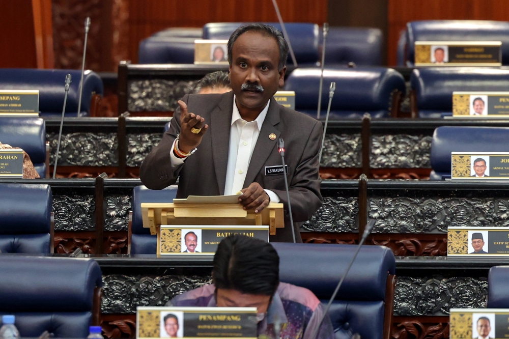 Human Resources Minister V. Sivakumar speaks during a Parliament sitting in Kuala Lumpur March 9, 2023. — Bernama pic
