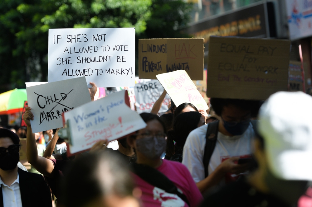 Demonstrators take part in Women's March Malaysia 2023 in conjunction with International Women’s Day in Kuala Lumpur March 12, 2023. — Picture by Miera Zulyana