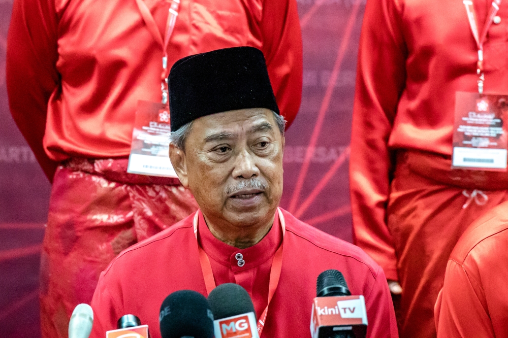 Bersatu president Tan Sri Muhyiddin Yassin speaks during a press conference at Menara PGRM in Kuala Lumpur March 12, 2023. — Picture by Firdaus Latif