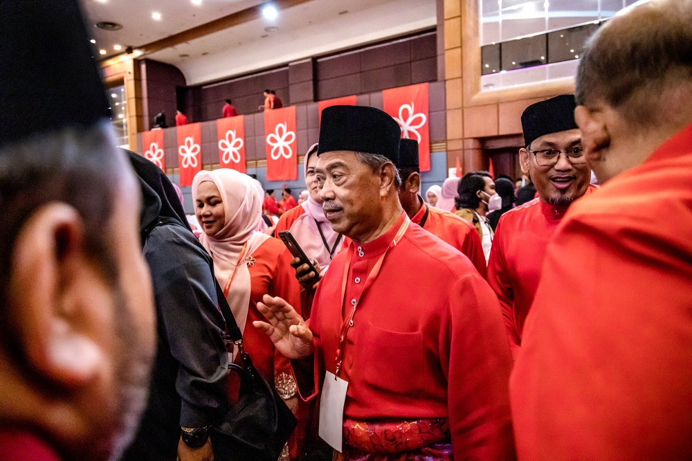Bersatu president Tan Sri Muhyiddin Yassin is seen at the AGM at Menara PGRM in Kuala Lumpur March 12, 2023. — Picture by Firdaus Latif