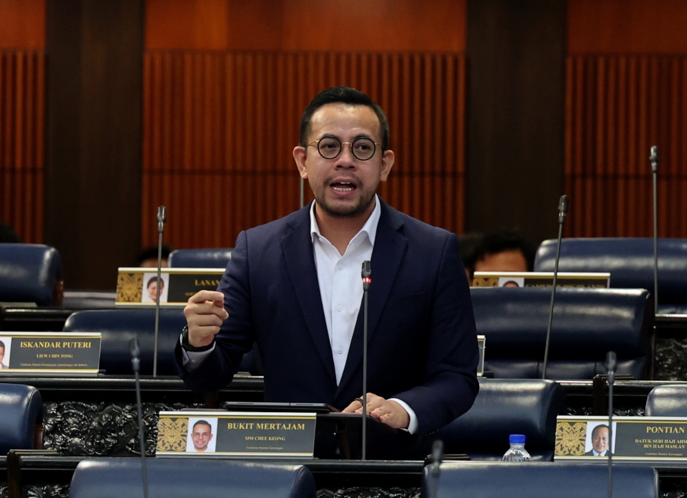 Deputy Finance Minister Steven Sim Chee Keong speaks at the Parliament in Kuala Lumpur March 15, 2023. — Bernama pic