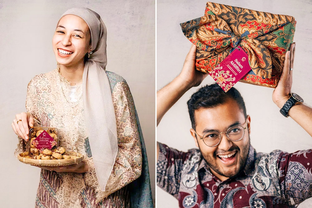 Cocova’s Lebaran Chocolate Chip Kurma Cookies are baked by Ibupreneur (left) whilst their Ikhlas Raya Box is wrapped with batik table runners by Komuniti Tukang Jahit (right). — Picture courtesy of Cocova
