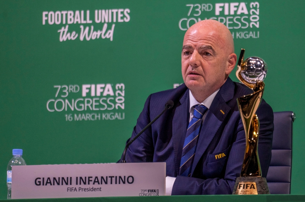 Fifa President Gianni Infantino speaks at a news conference following the 73rd Fifa Congress at the BK Arena in Kigali, Rwanda March 16, 2023. — Reuters pic