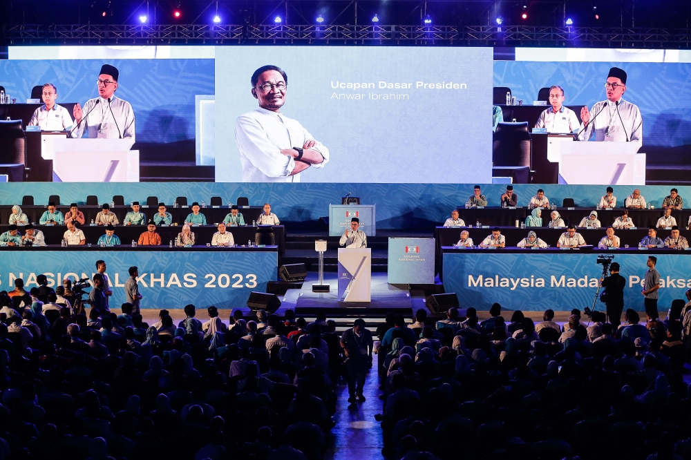 Party president Datuk Seri Anwar Ibrahim delivers his speech during the PKR congress at the Malawati Stadium in Shah Alam March 18, 2023. — Picture By Sayuti Zainudin