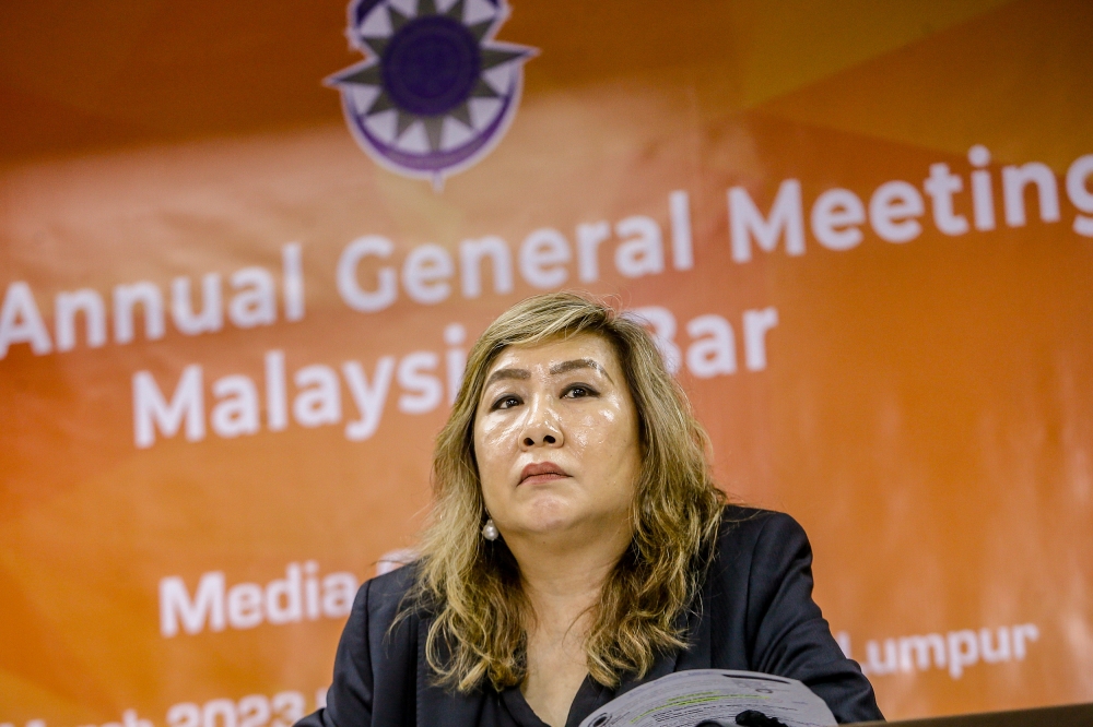 Malaysian Bar president Karen Cheah speaks to the media at a press conference during the Malaysian Bar AGM at Wisma MCA March 18, 2023. — Photo by Hari Anggara