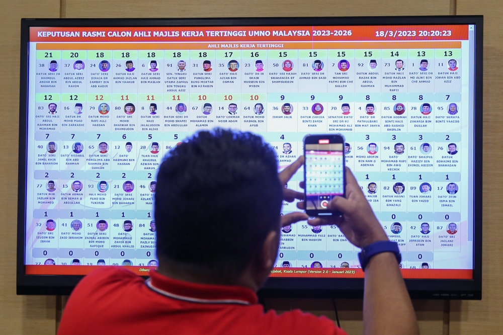 A man takes a picture of a screen showing the 2023-2026 Umno election results at the party’s headquarters in Kuala Lumpur March 18, 2023. — Picture by Yusof Mat Isa