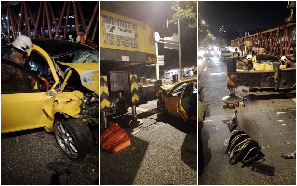 Three people were killed in an accident after the car they were travelling in rammed into a crane placed nearby a school in Jalan Syed Putra, Bukit Seputeh March 19, 2023. — Picture courtesy of JBPM Kuala Lumpur