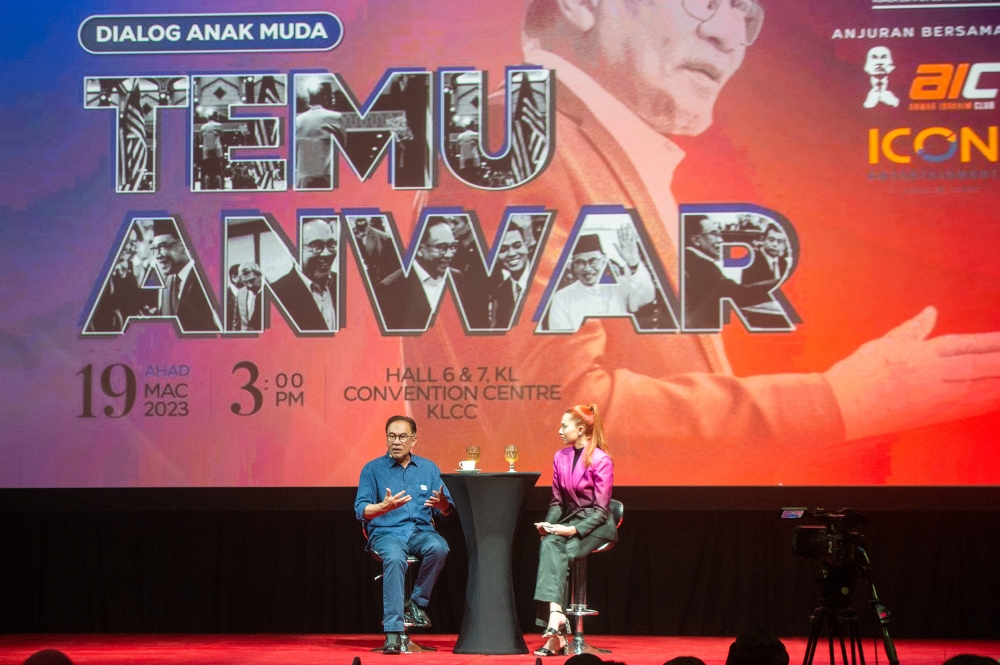 Prime minister Datuk Seri Anwar Ibrahim speaks during ‘Dialog Anak Muda Temu Anwar’ in conjunction with the Youth Empowerment Fair 2023 at the Kuala Lumpur Convention Centre March 19, 2023. — Picture by Shafwan Zaidon 