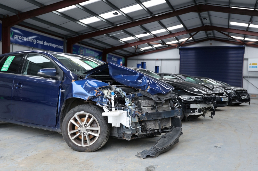 Damaged electric vehicles that have been written off by insurers at UK salvage company Synetiq's yard in Doncaster, Britain. — Picture courtesy of Synetiq via Reuters