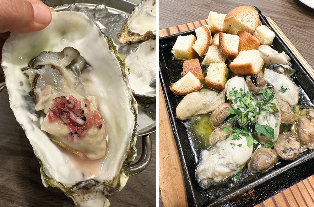 Pair your creamy oyster with their mignonette sauce for a hit of red wine vinegar and chopped onions (left). Nibble on Oyster and Mushroom Ajillo with focaccia cubes tapas style for a starter to your meal (right). 