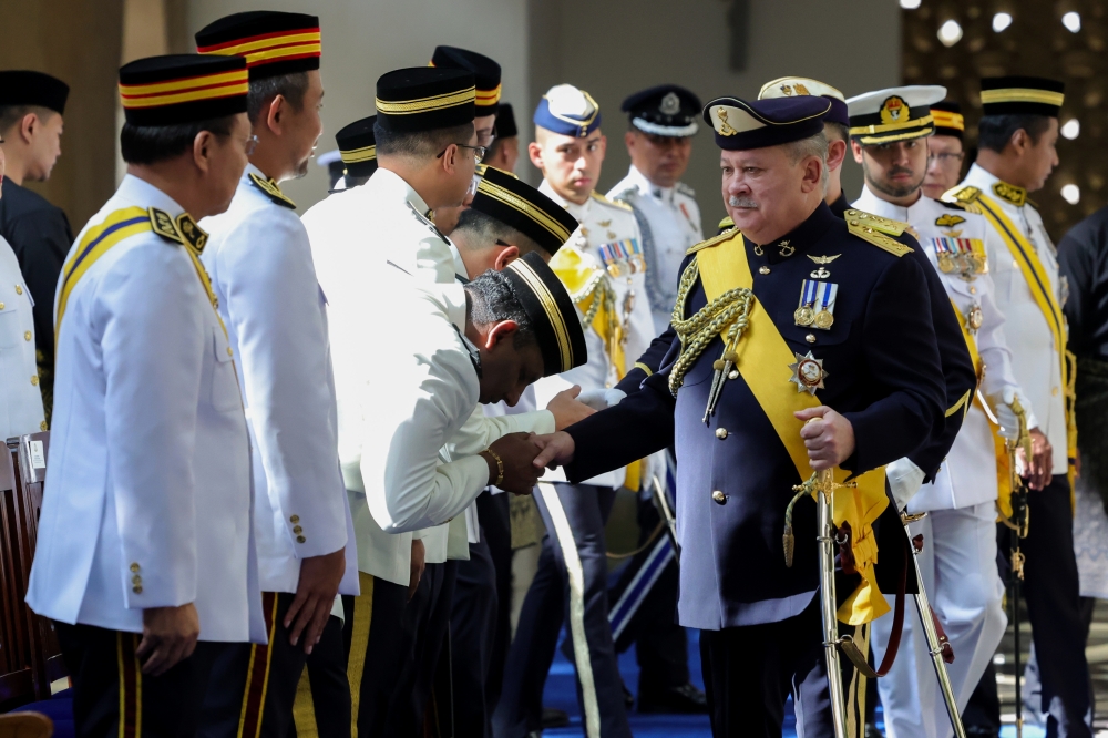 Sultan of Johor Sultan Ibrahim Almarhum Sultan Iskandar attending the opening of the Second Session of the 15th Johor State Legislative Assembly at Bangunan Sultan Ismail, Kota Iskandar March 16, 2023. — Bernama pic