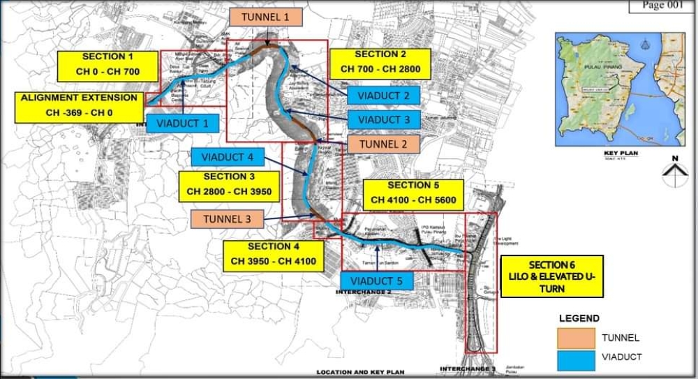 A map of the under-construction Package Two highway linking Lebuhraya Thean Teik in Air Itam and the Tun Dr Lim Chong Eu Expressway — Picture courtesy of the Penang government