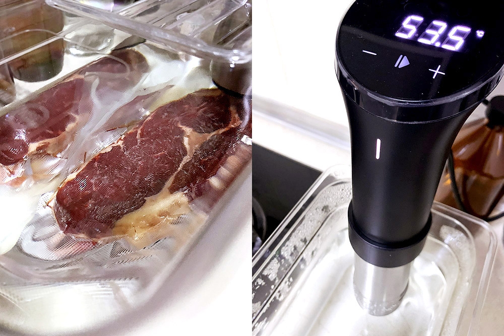 After vacuum sealing the steaks, place them in the water bath and set the temperature using the immersion circulator.