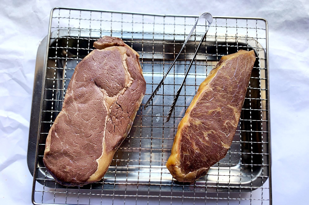 After sous vide: ribeye (left) and sirloin (right).