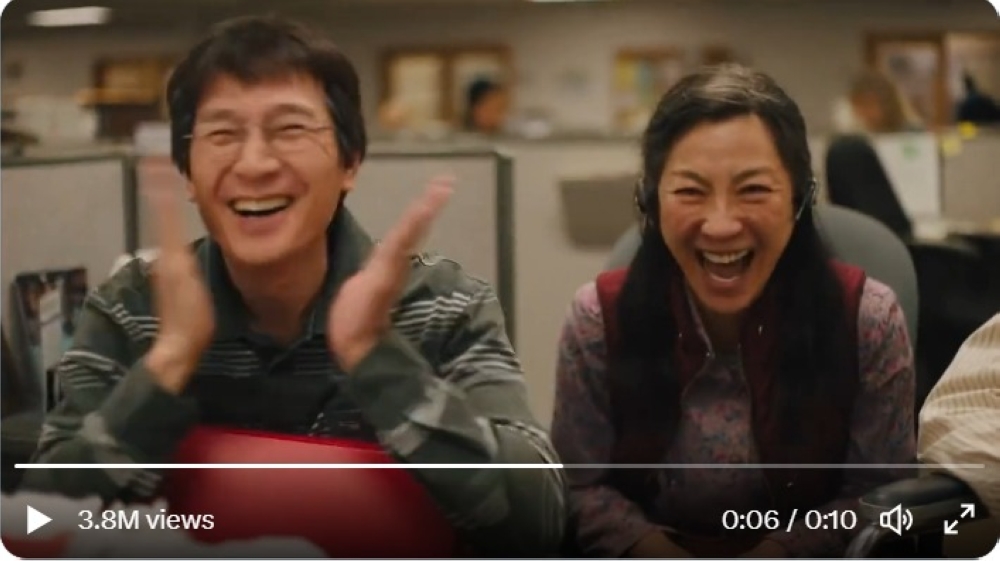 Quan and Yeoh burst into laughter after his movie blooper. — Screen capture via Twitter/CINEYEOH