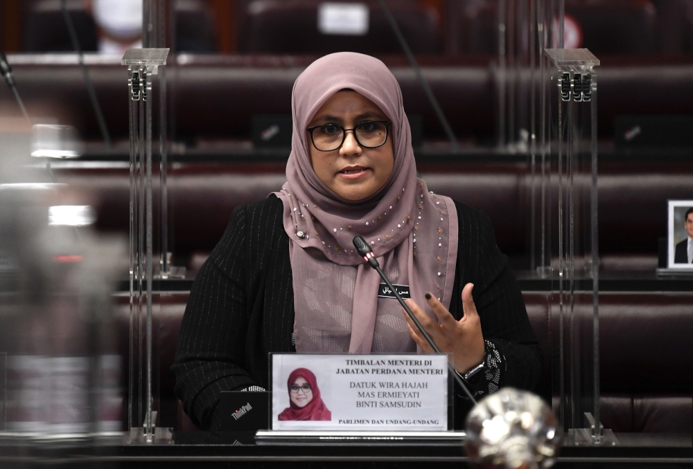 Then-Deputy Minister in the Prime Minister’s Department (Parliament and Law), Datuk Mas Ermieyati Samsuddin answering a question in Dewan Negara at Parliament Building, December 22, 2021. — Bernama pic 