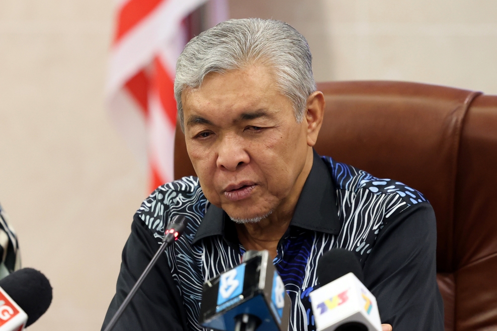 Deputy Prime Minister Datuk Seri Ahmad Zahid Hamidi speaks during a press conference at the Parliament in Kuala Lumpur March 30, 2023. — Bernama pic
