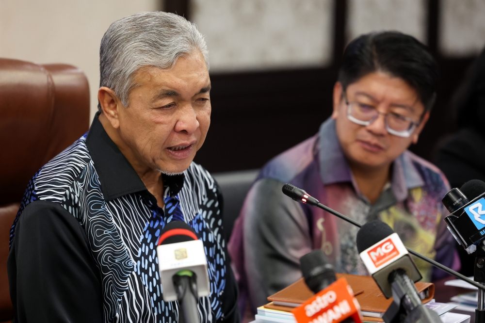 Deputy Prime Minister Datuk Seri Ahmad Zahid Hamidi speaks during a press conference at the Parliament in Kuala Lumpur March 30, 2023. — Bernama pic