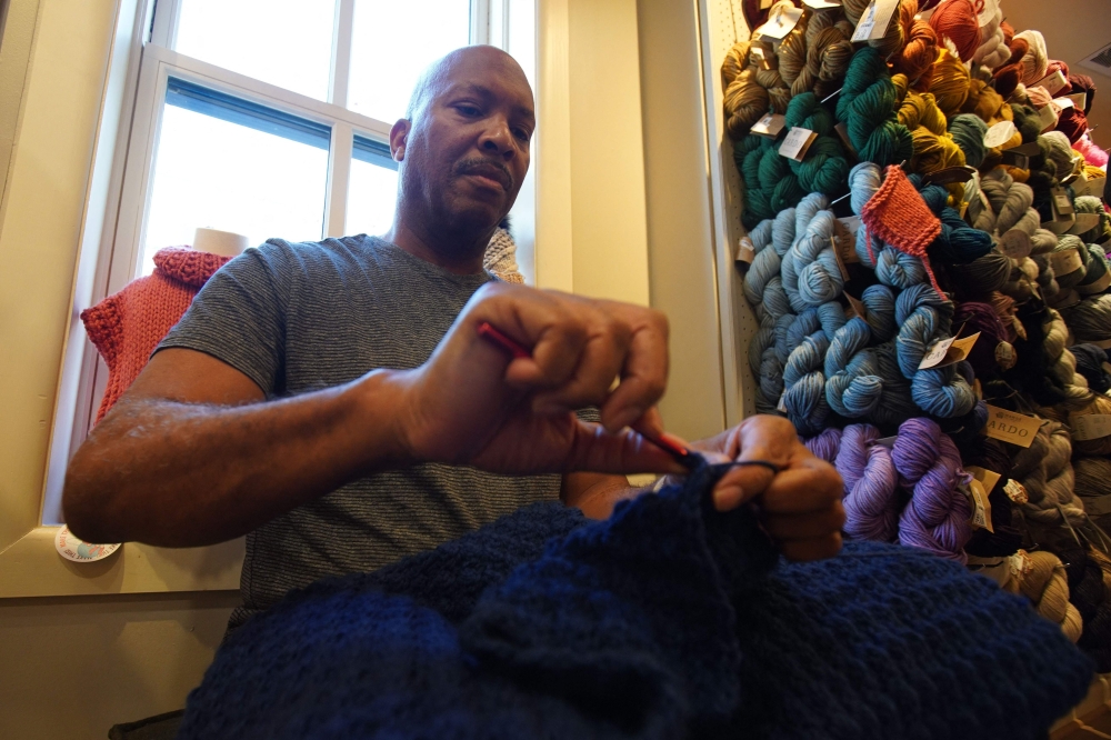 Michael Manning, a retired federal government worker, attends a gathering of DC Men Knit in Alexandria, Virginia March 5, 2023. — AFP pic