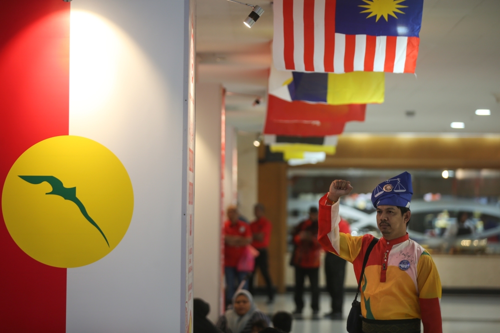 A supporter seen donning the party and Barisan Nasional's colours during the 2022 Umno General Assembly in World Trade Centre Kuala Lumpur January 14, 2023. — Picture by Ahmad Zamzahuri